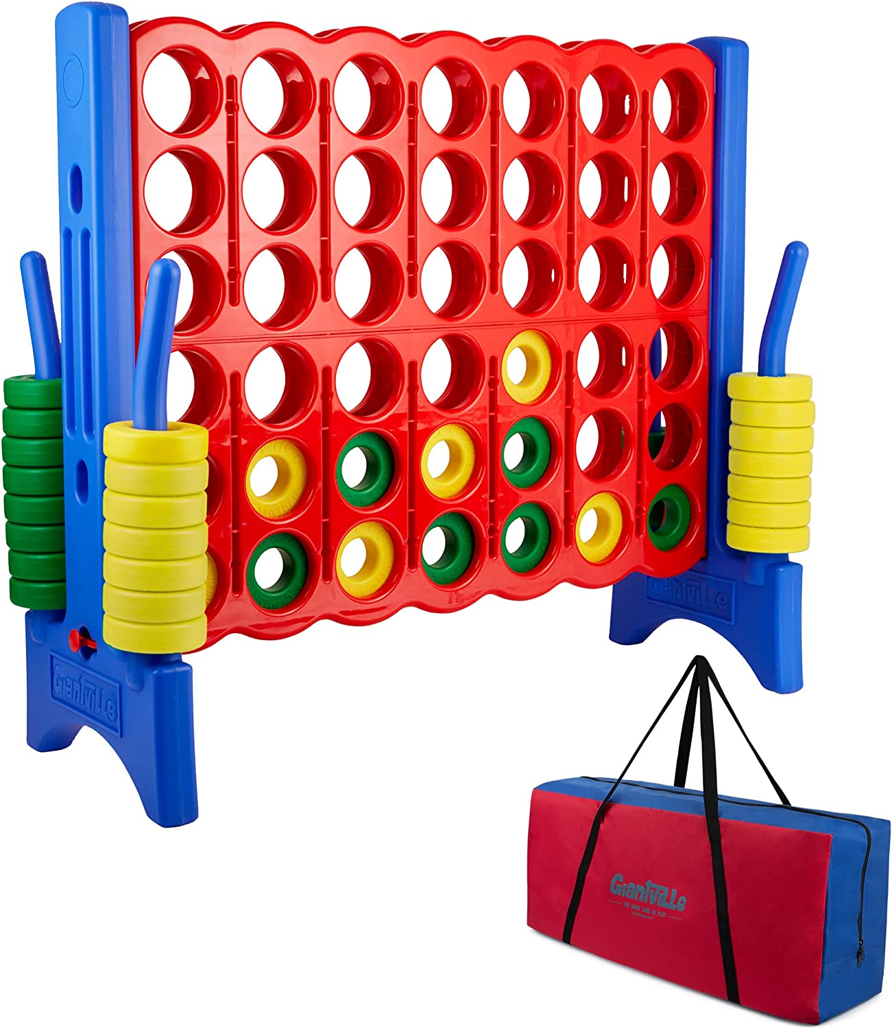 a red grid of 7 holes by 6 holes-there are yellow and green discs in some of the holes. The grid is held up by blue legs which have room for additional green and yellow discs