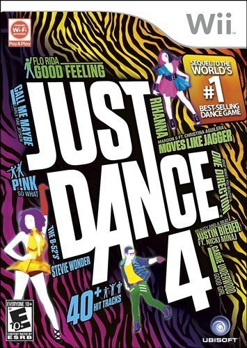 Cover of Wii Just Dance 4 video game. The background of the cover has zebra print in pink, purple, yellow and orange; there are drawings of people in various dance poses