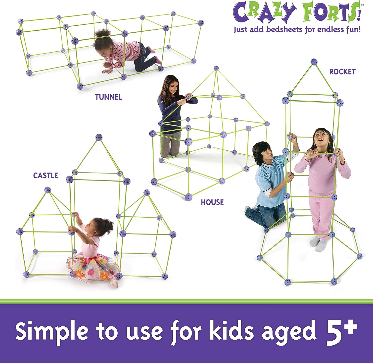 image of different structures built by children with "Crazy Forts" building set