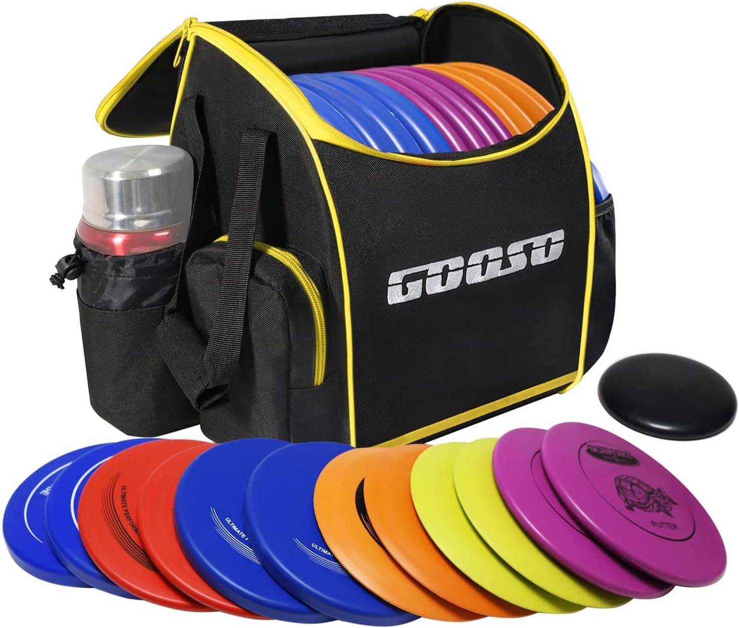 black packpack with colored disc golf discs