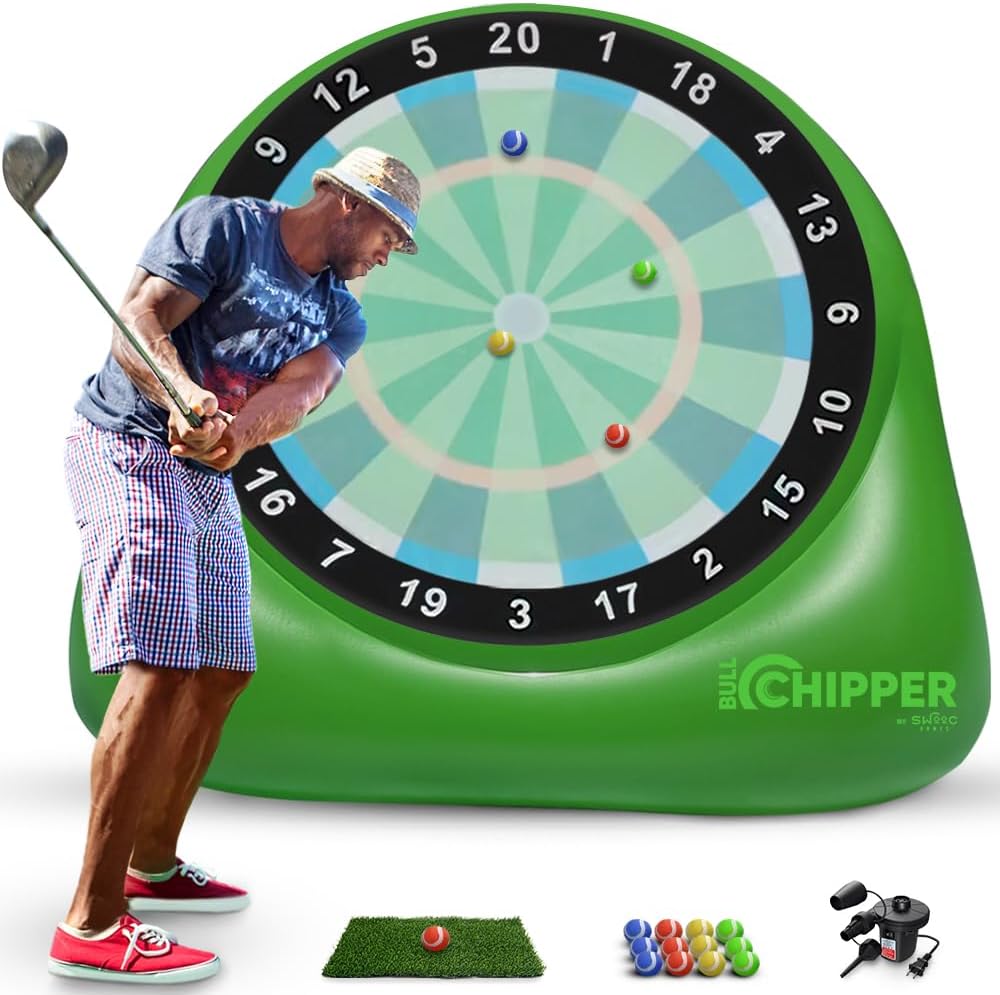 inflatable green dart board with man hitting golf balls that stick to it