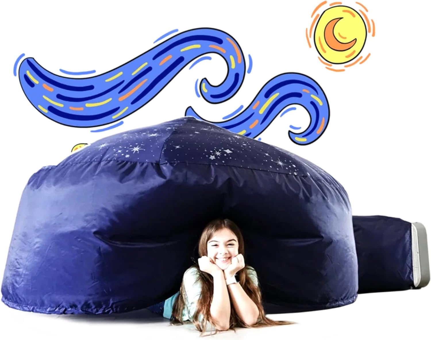 image of blue play tent and girl leaning out of the doorway