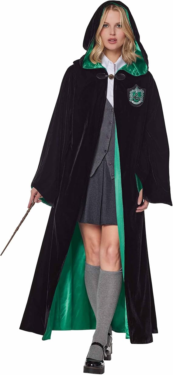 image of woman wearing Harry Potter Slytherin robe