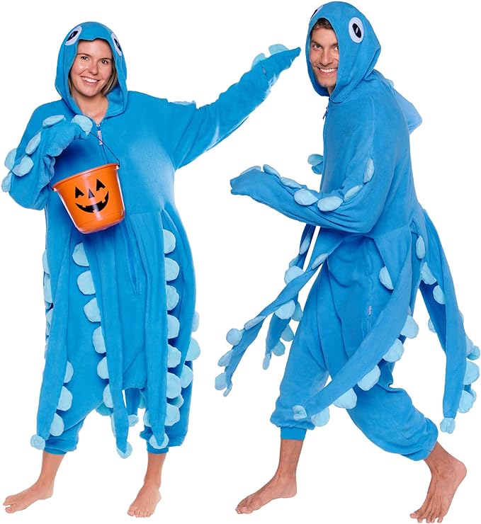 image of man and woman each wearing a blue octopus onesie