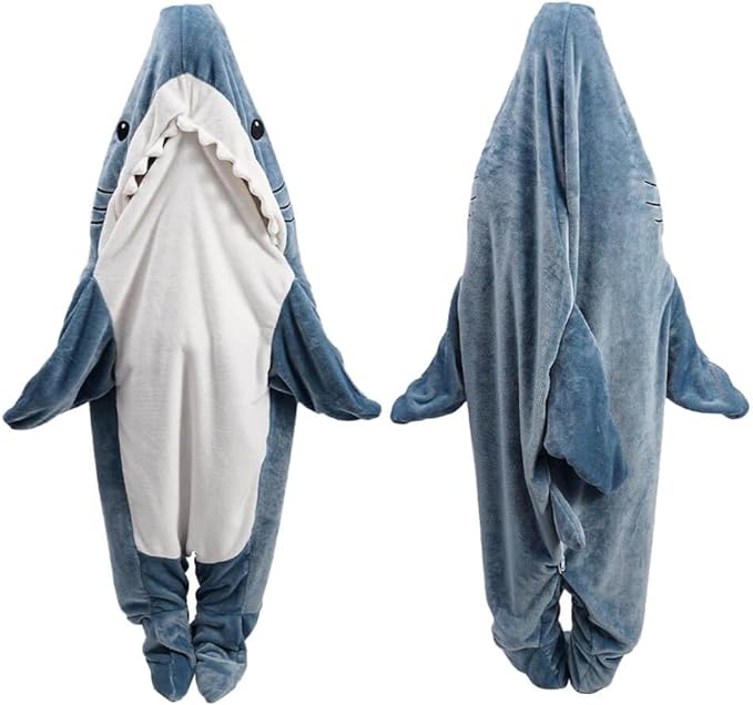 2 images of person wearing a shark costume; a front and back view