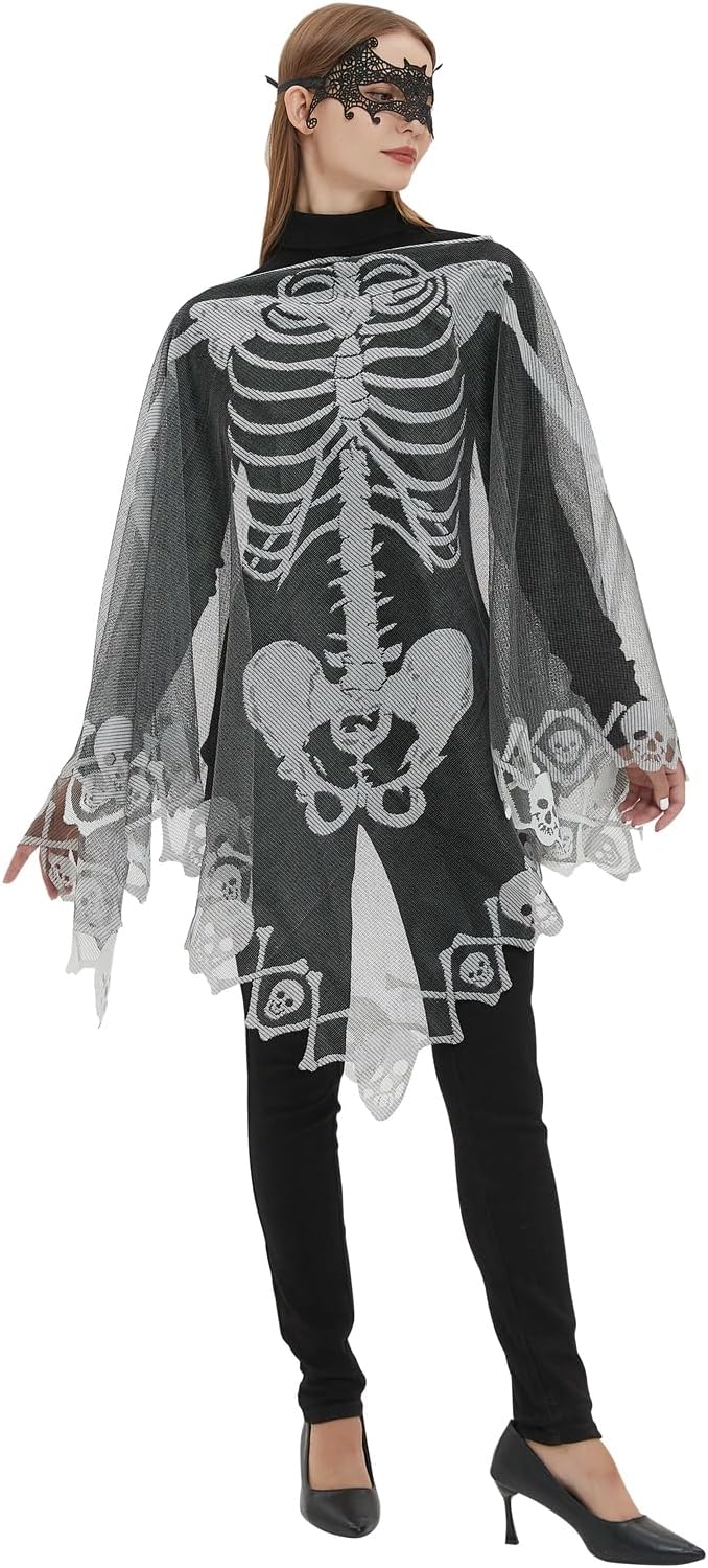 image of woman wearing a poncho with a skeleton image