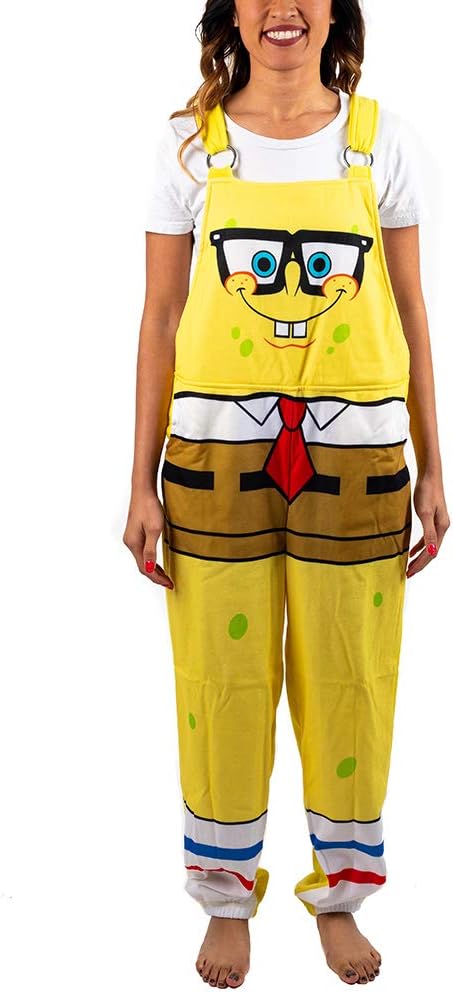 image of woman wearing SpongeBob SquarePants overalls/costume