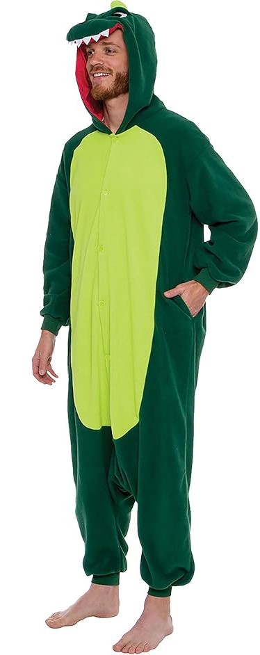 image of man wearing green dinosaur onesie