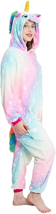 image of woman wearing a rainbow unicorn onesie