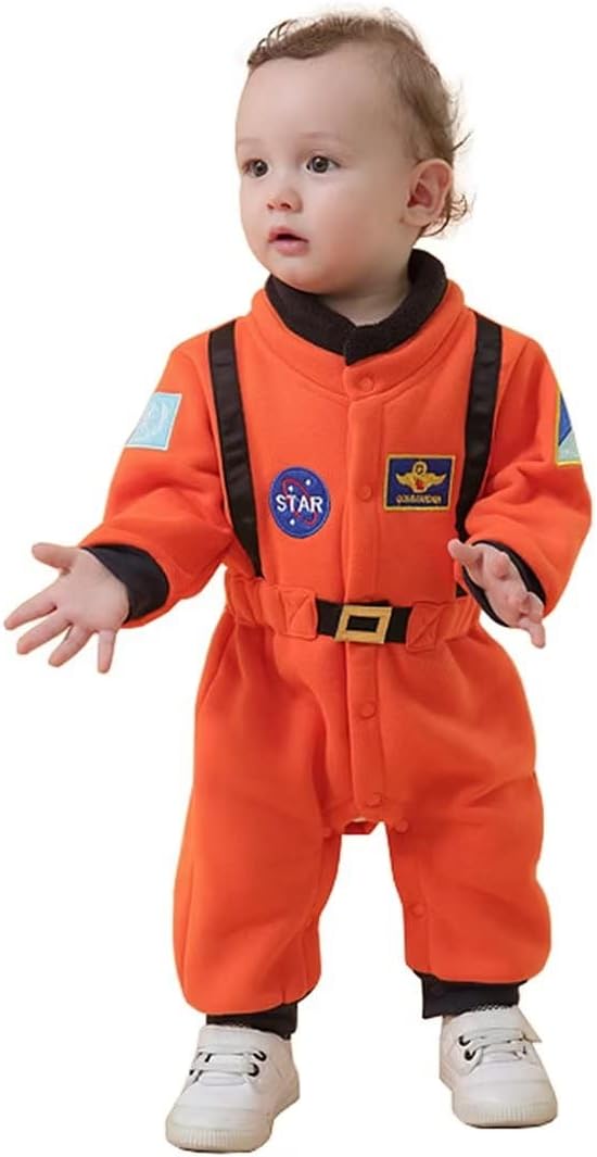 image of child wearing orange astronaut jumpsuit