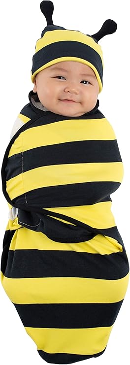 image of infant swaddled in black and yellow bee outift