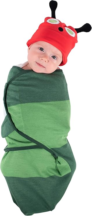 image of infant swaddled in green caterpillar outift with matching red hat