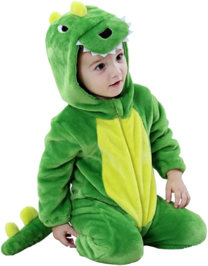 image of child wearing a green dinosaur romper