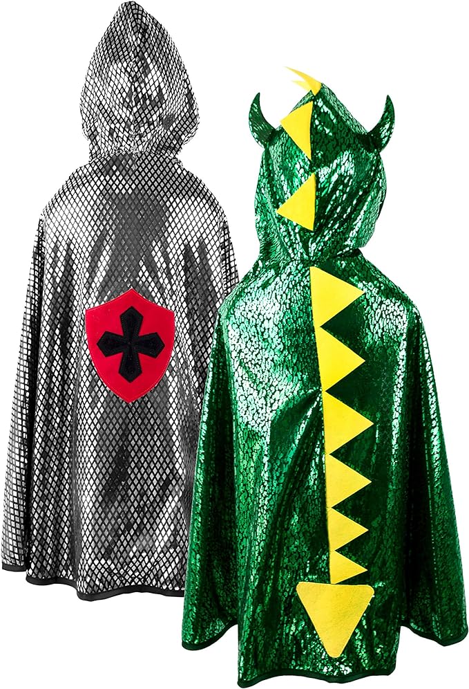 image of 2 child dress up capes; a silver knight and a green and yellow dragon