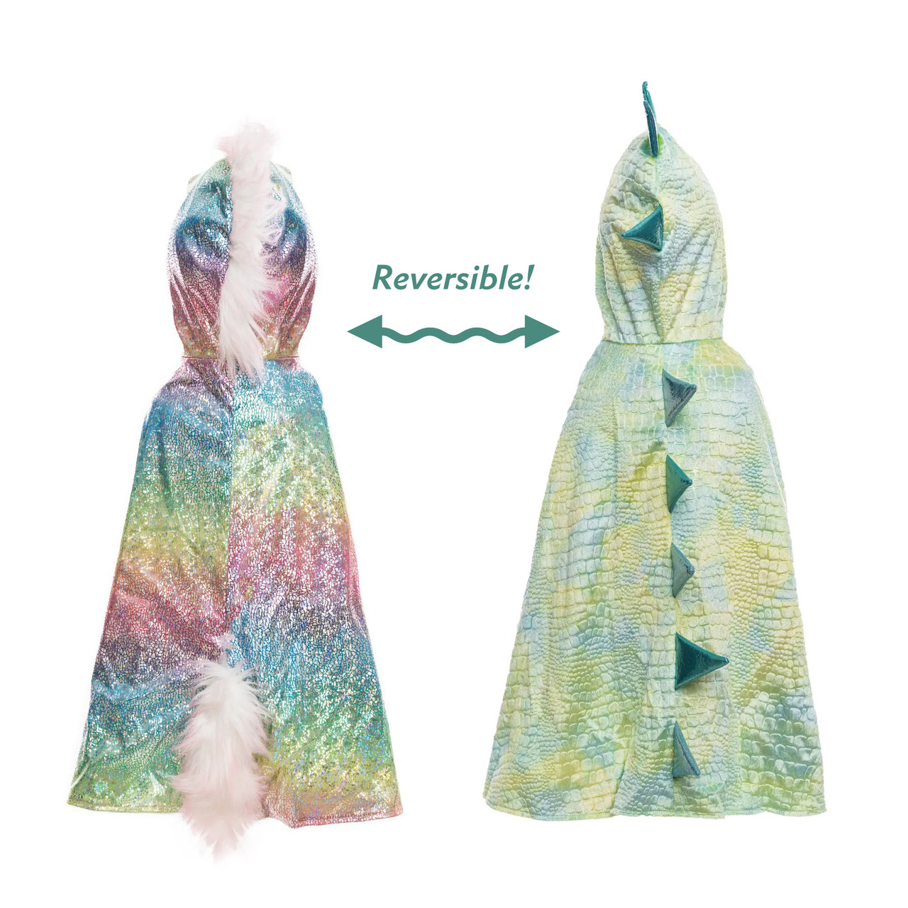 image of 2 child dress up capes; a sparkly rainbow unicorn and a green and yellow dragon