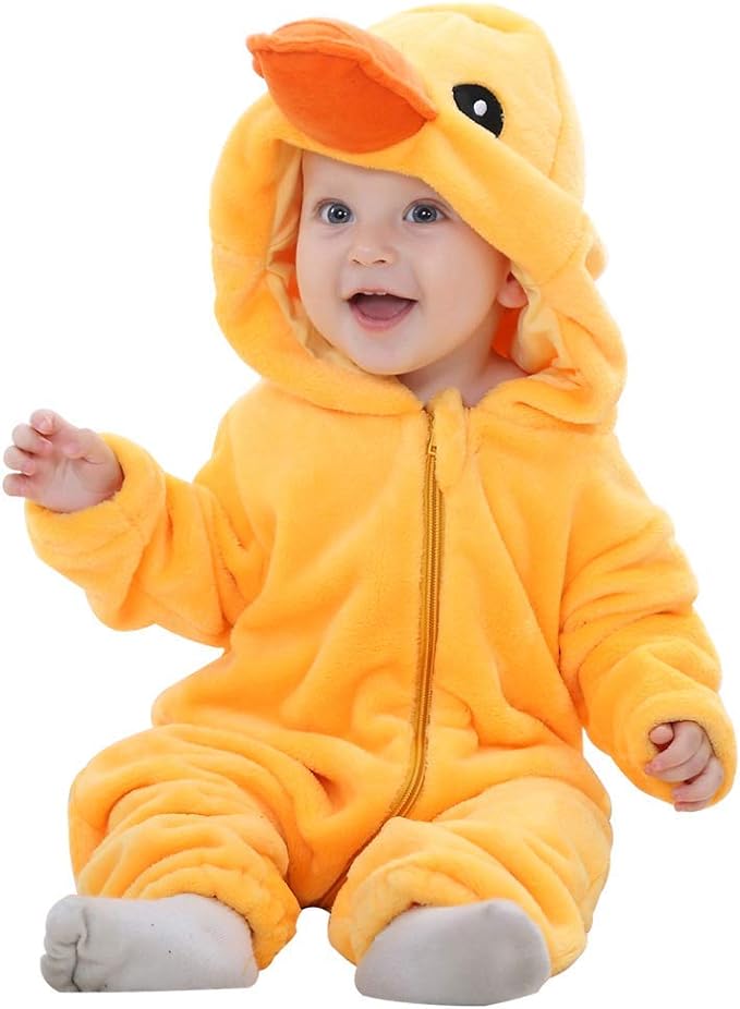 image of baby wearing a yellow duck onesie