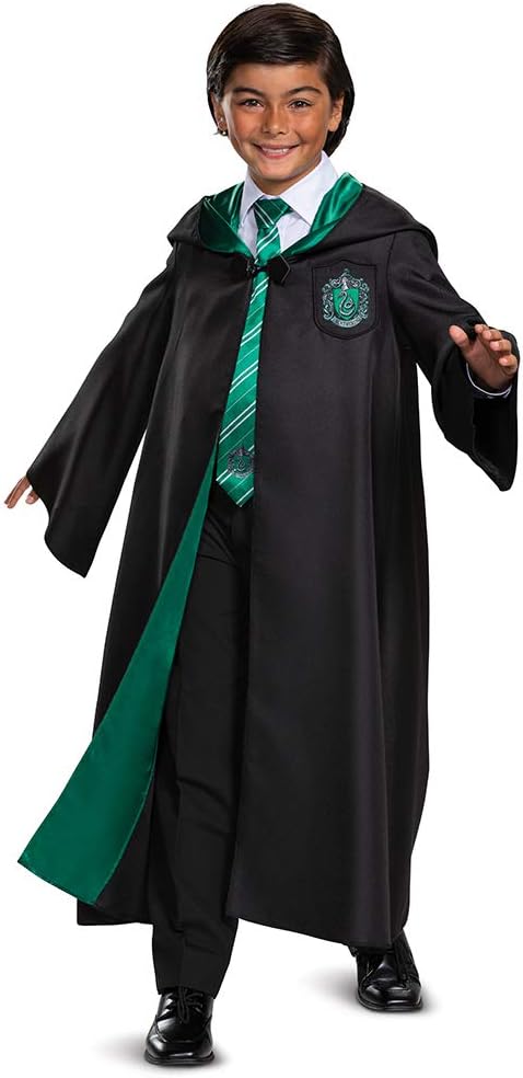 image of boy wearing a Harry Potter Slytherin robe