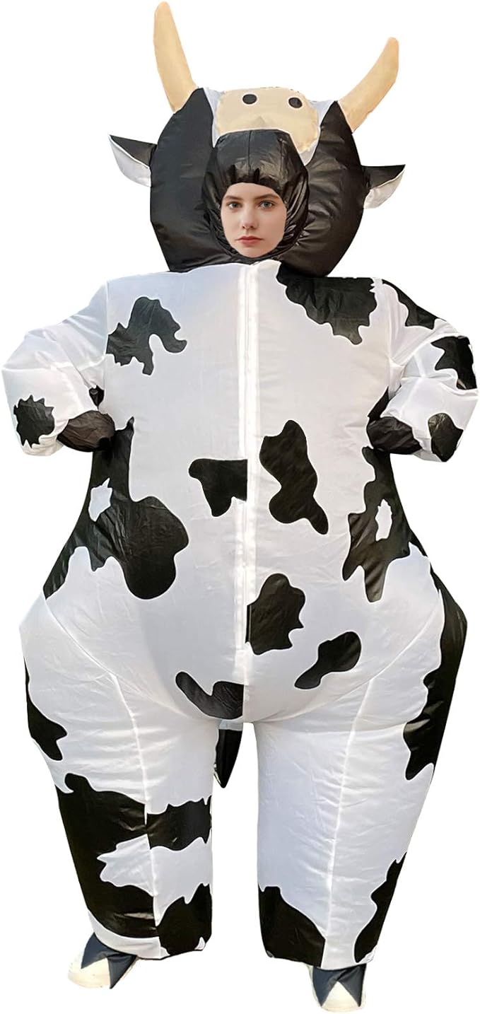 Image of woman wearing an inflatable cow costume