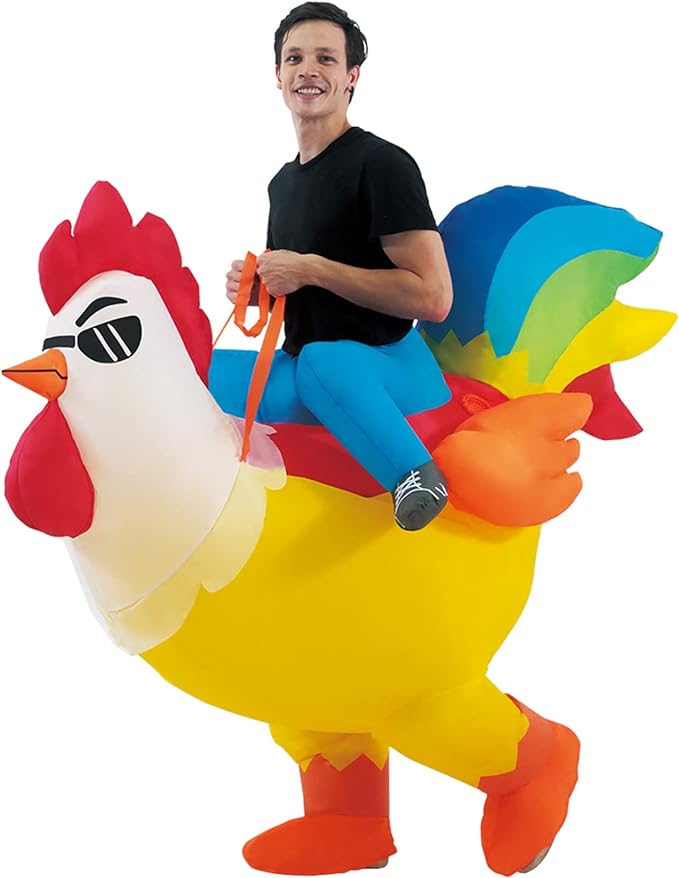 image of man "riding" a rooster