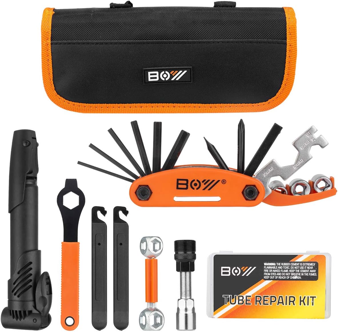 image of the components of a bike repair kit