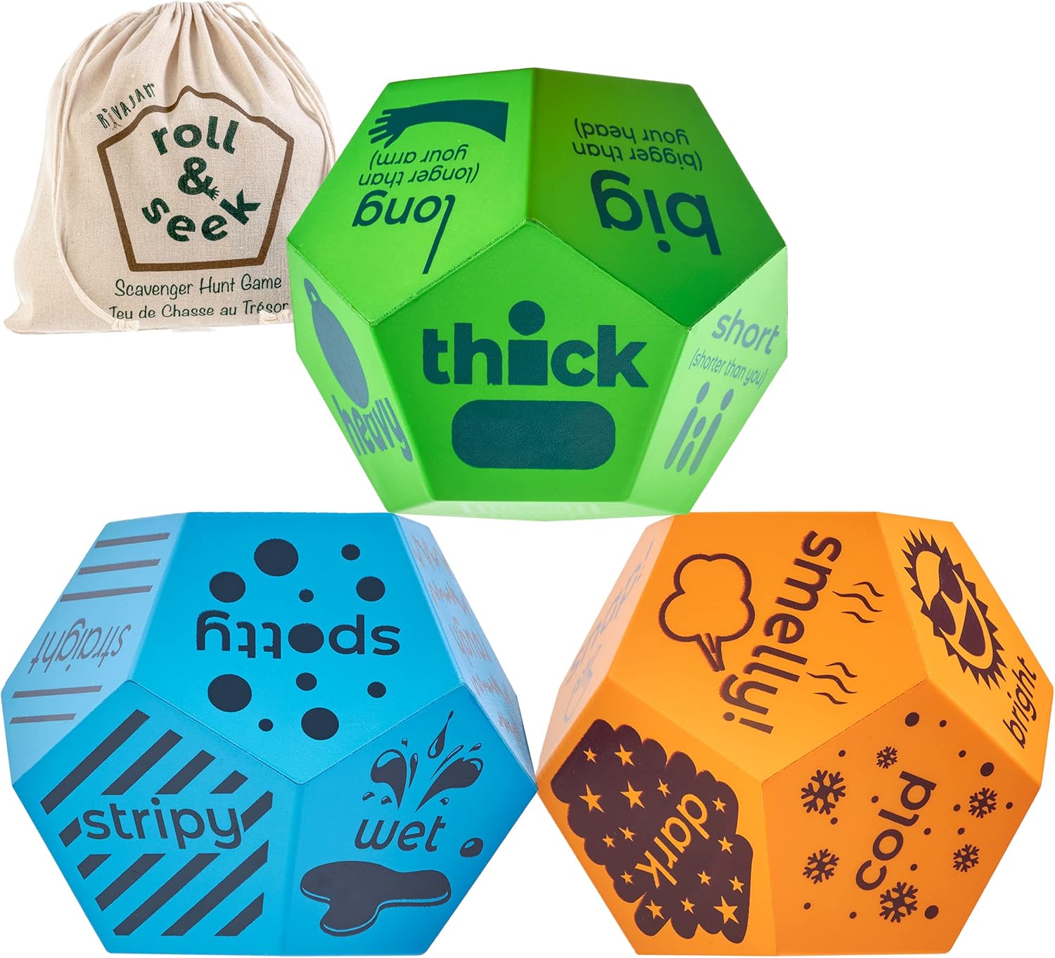 image of green, blue and orange soft dice used for an outdoor scavenger hunt