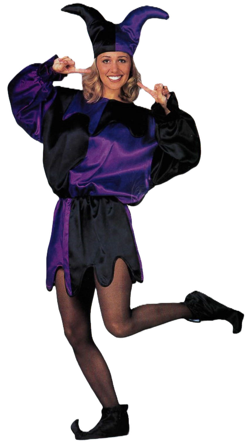 image of woman in black and purple jester costume