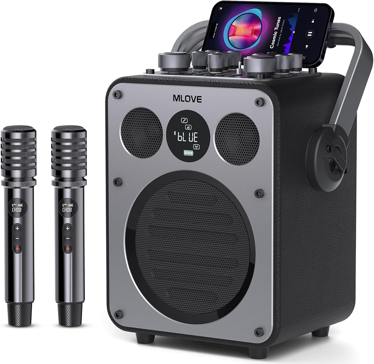 image of karaoke machine speaker and 2 microphones