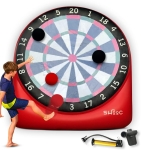 inflatable, red and black dart board with boy kicking balls that stick to it