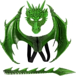 image of dragon Halloween costume which includes vibrant green mask, dragon wings and tail