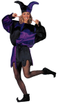 image of woman in black and purple jester costume