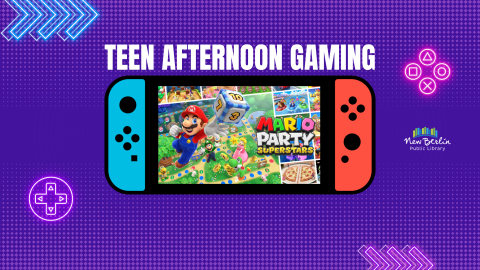 A Nintendo Switch console featuring the title card for the game Mario Party: Superstars on a purple background.