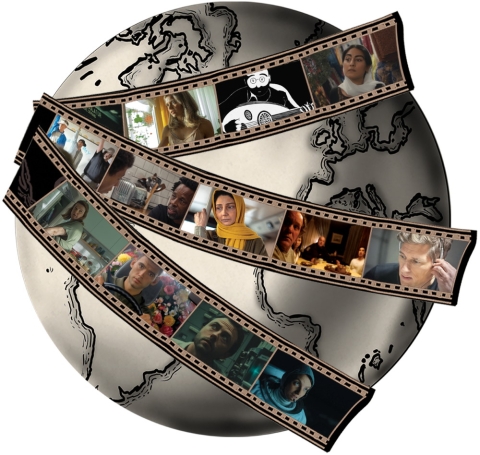 A grey globe wrapped in movie film.