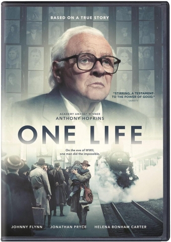 DVD cover image of the movie One Life: image of man's head and shoulders, with a train station scene at the bottom