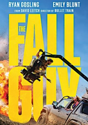 image of DVD cover for The Fall Guy - image includes blue background with yellow text and stunt equipment in the foreground