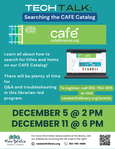 Tech Talk: Searching the CAFE Catalog. Learn all about how to search for titles and items on our CAFE Catalog!   There will be plenty of time for Q&A and troubleshooting in this librarian-led program.