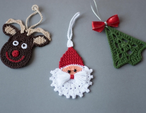 Christmas crochet ornaments, reindeer, santa and christmas tree