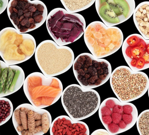 image of healthy foods in heart shaped bowls