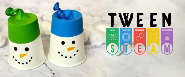 Paper cup snowmen with text "Tween Steam Snowman Shooters"