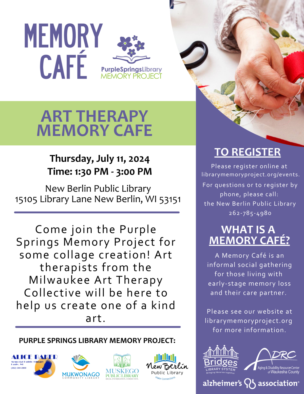 flyer for New Berlin Library Memory Cafe on July 11th at 1:30pm